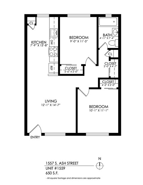 Floor plan for 2 beds, 1 bath, 660 sqft